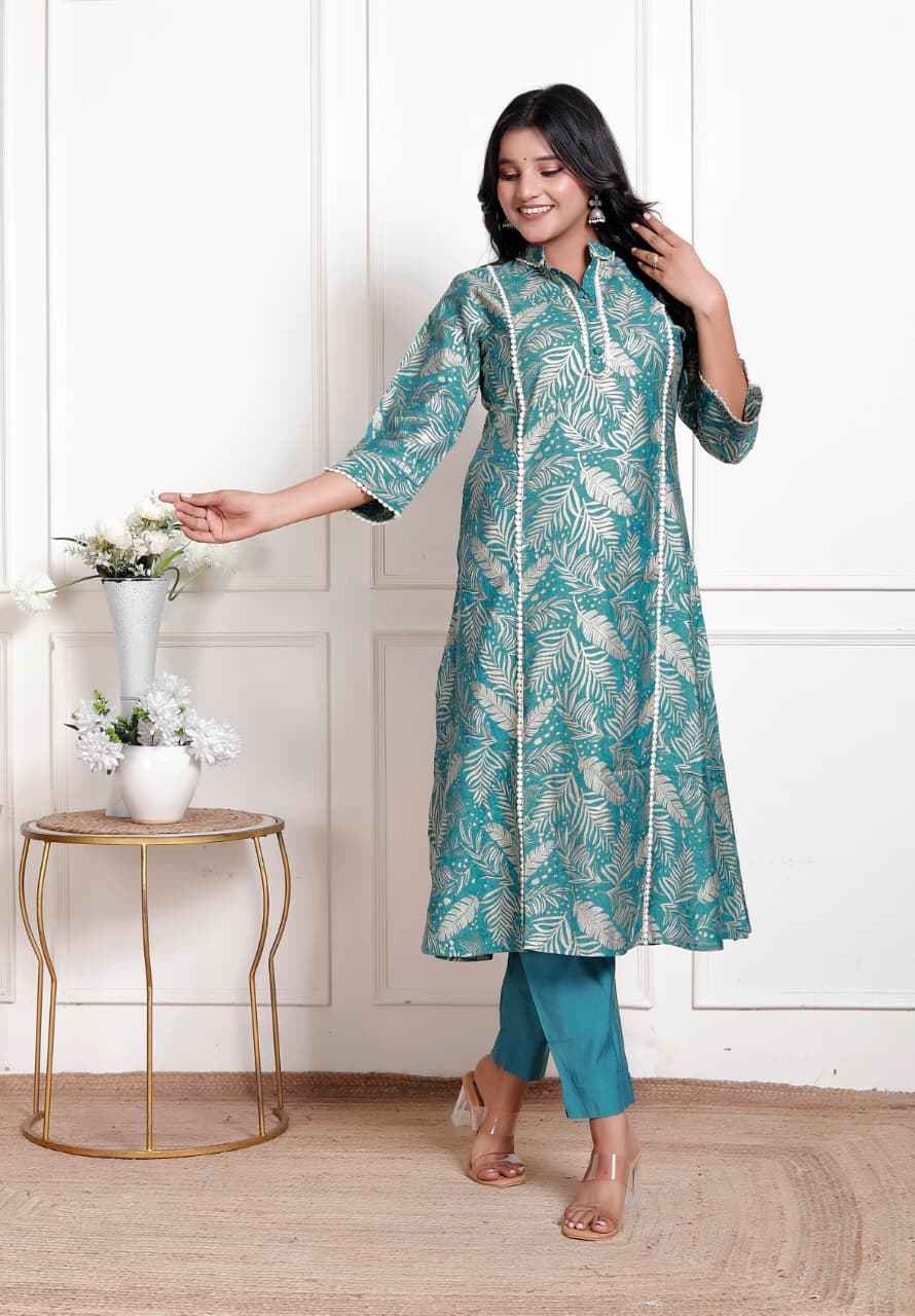 Teal Blue Leaf Print Kurta Set